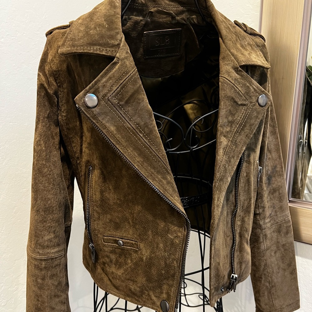 Blank NYC | SL8 suede moto olive green jacket XS